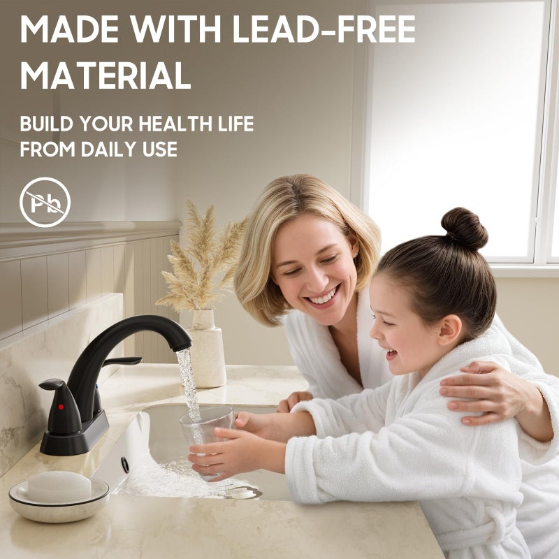 Phiestina 4 Inch 2 or 3 Holes 2 Handles Centerset Matte Black Lead-Free Bathroom Sink Faucet, Bathroom Faucet with Copper Pop Up Drain and Water Supply Lines, BF008-5-MB - Image 4